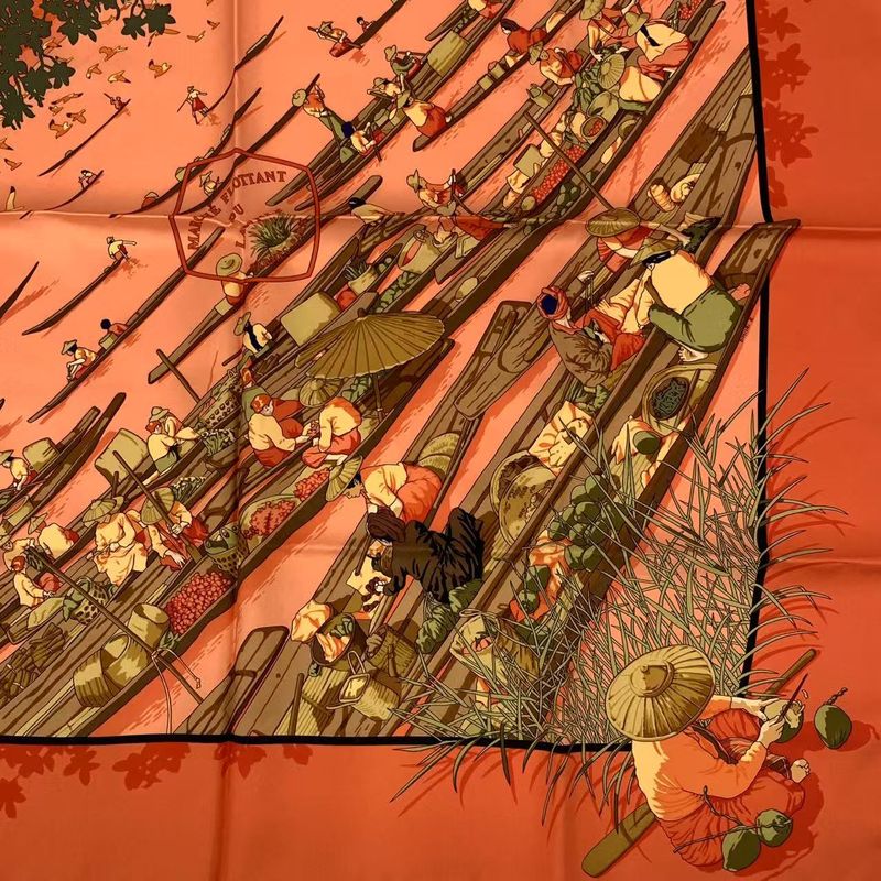 Hermes Carre 90 Marche Flottant DU LAC INLE Lake Inle Floating Market Scarf