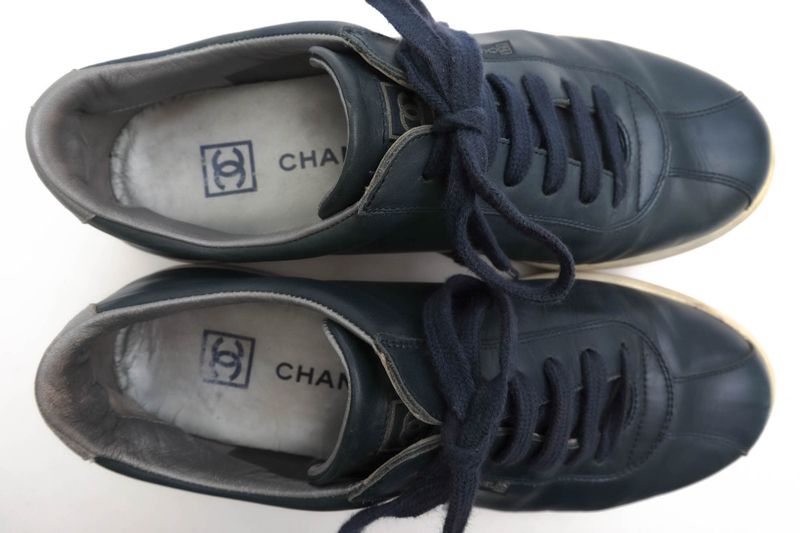 Chanel Shoes Sneakers Shoes Low Cut Women Leather Genuine Leather Navy Blue