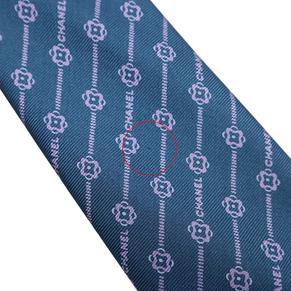 Chanel Necktie Coco Mark Camellia 9.5cm (3.74in) Silk Blue and Pink Flowers