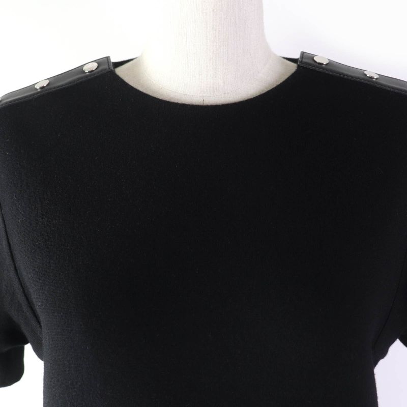 Hermes Serie Hardware Short Sleeve Knit Dress With Buttons Leather Black 36