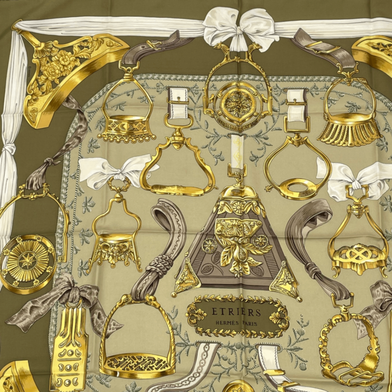 Hermes Carre 90 Etriers Scarf With Stirrup And Harness Pattern Silk Brown