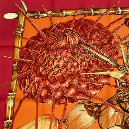 Hermes Carre 90 Jardin Creole Cles Or's Paradise Silk Scarf Red