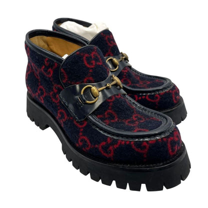 2704 Gucci Boots Wool Horsebit Loafers 6 1 2 598315 Navy Red GG Pattern Thick