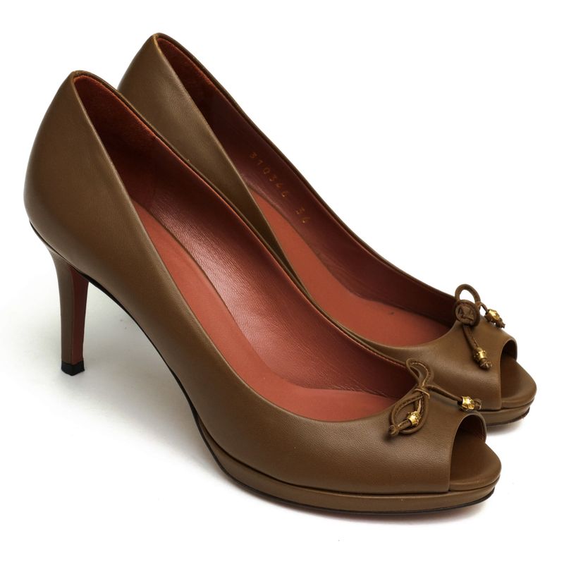 Gucci Pumps Shoes Women Leather Genuine Brown 310346 Open Toe Leather Sole