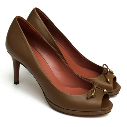Gucci Pumps Shoes Women Leather Genuine Brown 310346 Open Toe Leather Sole