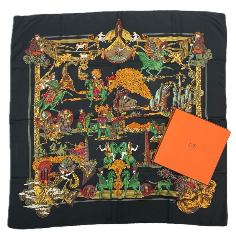 Hermes Carre 90 Au FIL De La SOIE Silk Scarf With Box