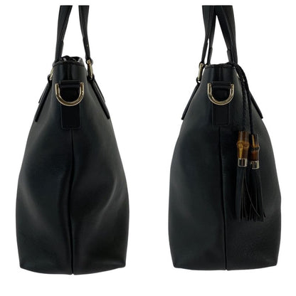 Gucci Bamboo Tassel Black Silver Hardware Leather 365346 Shoulder Bag Handbag