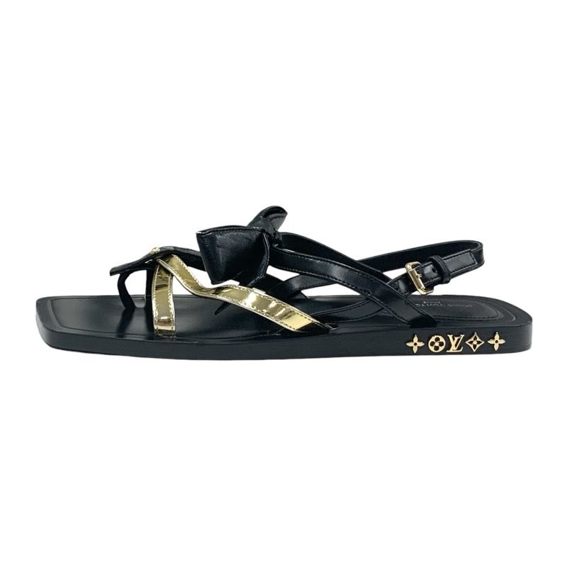 Louis Vuitton Peplum Line Sandals Shoes Leather Black Gold Black Ribbon Flat