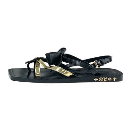 Louis Vuitton Peplum Line Sandals Shoes Leather Black Gold Black Ribbon Flat