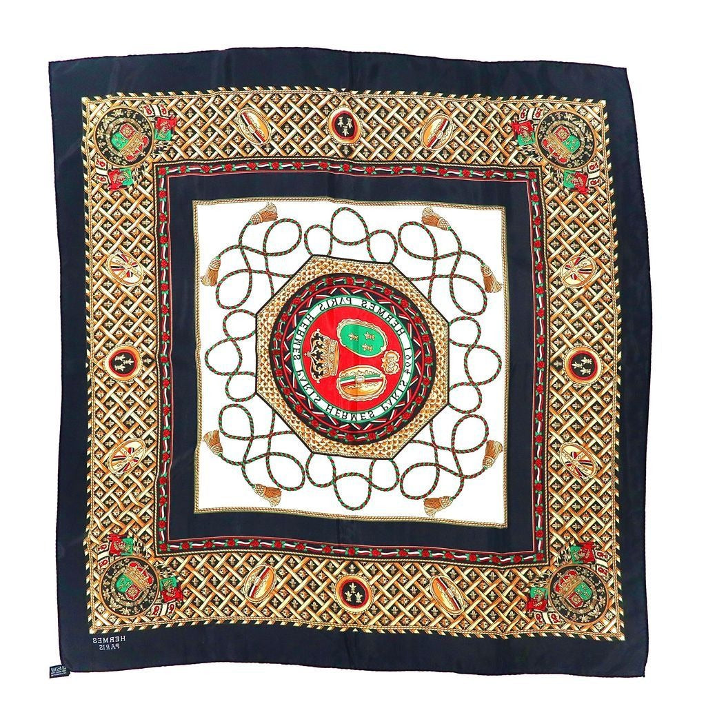 Hermes 90 Carre Scarf Coin Emblem Black Silk, All-Over Print