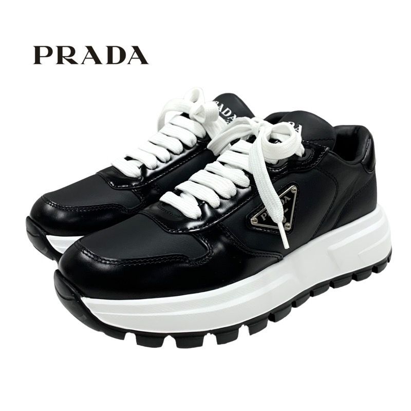 Prada Sneakers Shoes Leather Black White Black Unused Triangle Logo
