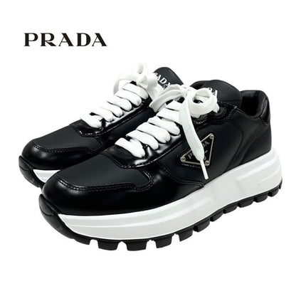 Prada Sneakers Shoes Leather Black White Black Unused Triangle Logo