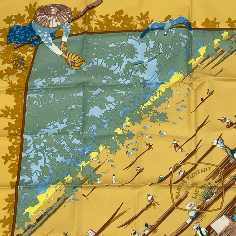 Hermes Scarf Carre 90 Orange Beige Lake Floating Market 100% Silk Marche