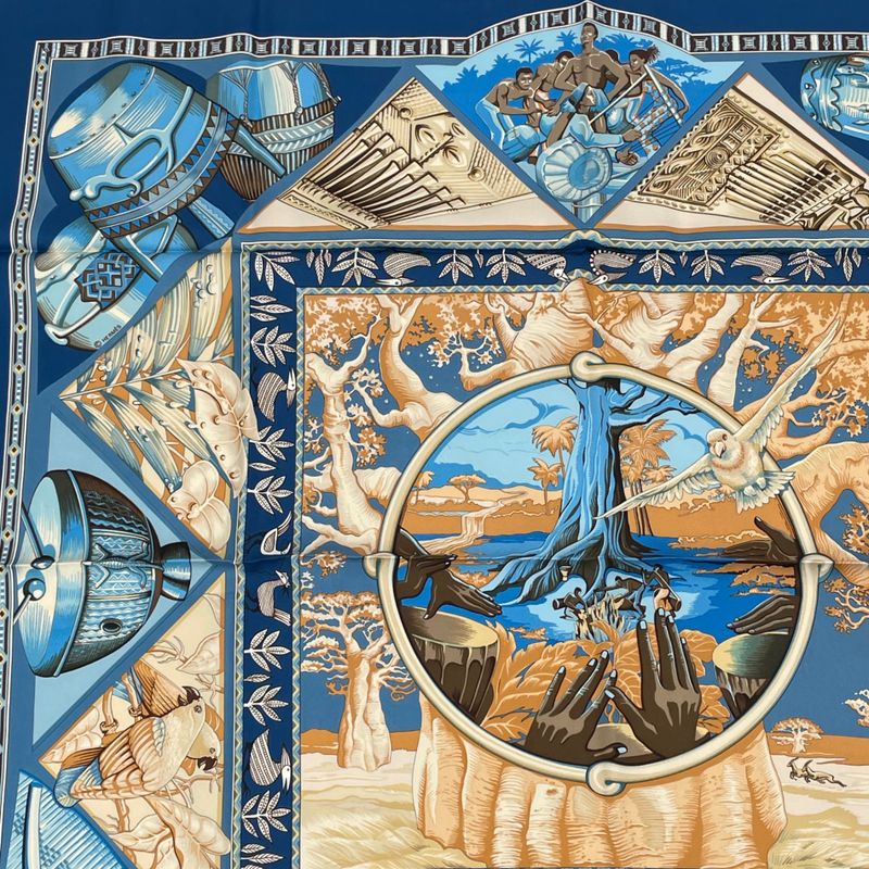 Hermes Scarf Carre 90 Au Son Du Tam To The Sound Of Tam Silk Blue