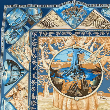 Hermes Scarf Carre 90 Au Son Du Tam To The Sound Of Tam Silk Blue