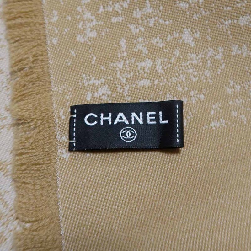 Chanel Large Shawl CC Mark Beige Wool Shawl Fringe Ladies Women