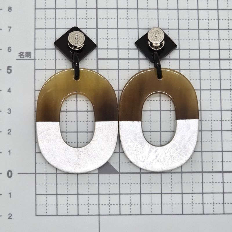 Hermes Earrings Ism Binaural Buffalo Horn Lacquer Brownish/silver Color Silver