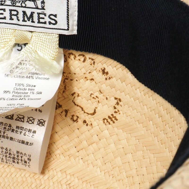 Hermes Anouk Hat Size 58 Straw Hat H Logo Checkered Ribbon 20240428 Gp6245
