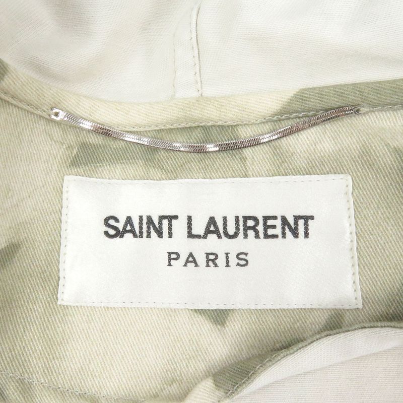Saint Laurent Paris 2020 645595 Linen Blend Leaf Print Hooded Mod Coat