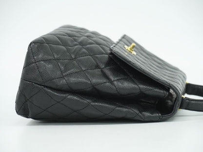 Authentic Chanel Coco Mark Matelasse Turnlock Handbag Caviar Skin Leather Black