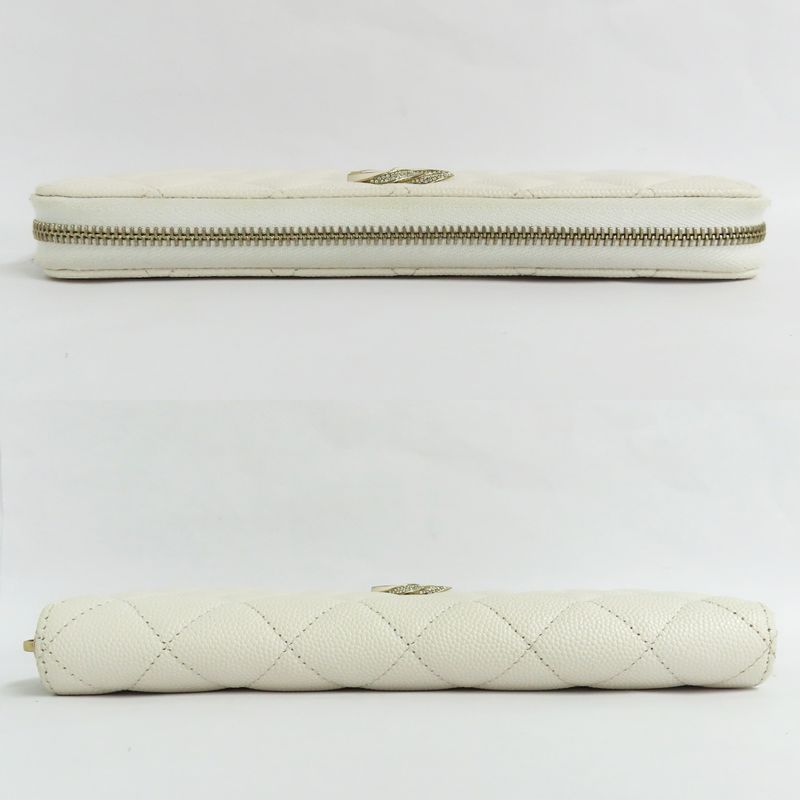 Chanel Long Zip Wallet Ap3337 Matelasse Caviar Skin White Gdhardware