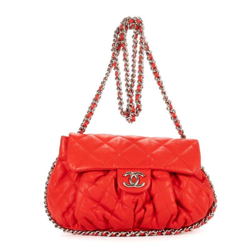 Chanel Chain Round Red Calfskin Leather A