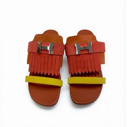 Hermes Coralia Sandals Shoes Suede Red Orange Yellow Flat Mule Hhardware Fringe
