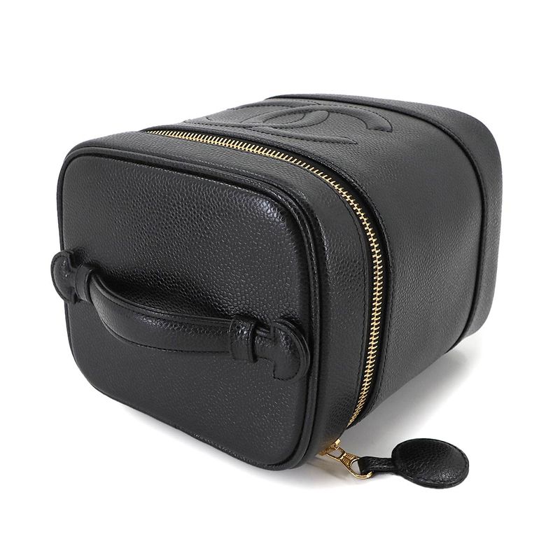 Chanel Vanity Hand Bag Caviar Skin Leather Black A01998 Coco Mark Gold Hardware