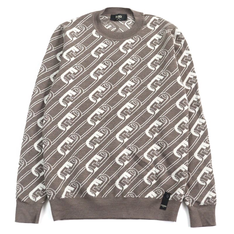 Fendi 2022 Fzx061 100% Virgin Wool FF Logo Orock Chain Allover Pattern Crew