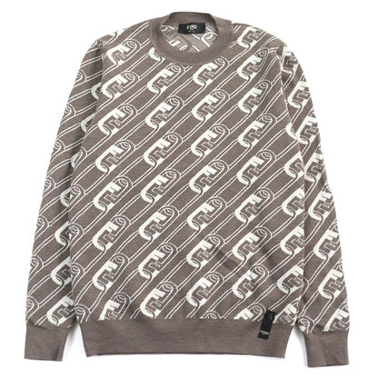 Fendi 2022 Fzx061 100% Virgin Wool FF Logo Orock Chain Allover Pattern Crew