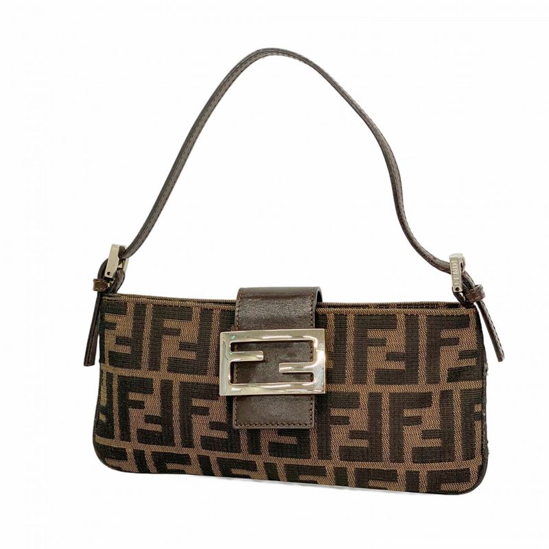 Fendi Handbag Zucca Nylon Canvas Brown Silver Hardware Women