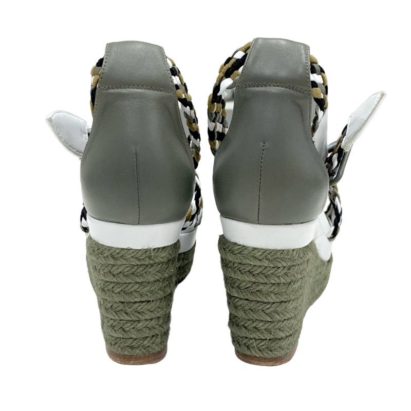 Hermes Sandals Shoes Leather Suede Khaki White Black Braided Wedge Sole