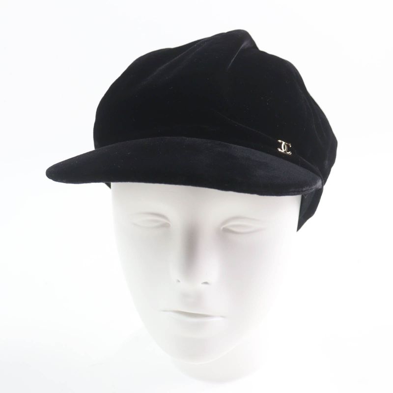 CHANEL 21AW Silk Mix Velour Casket With Coco Mark Hardware Hat Black M Made In