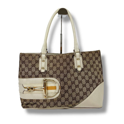 Gucci Tote Bag Hustler Bit Horsebit GG Canvas White Brown Leather Shoulder
