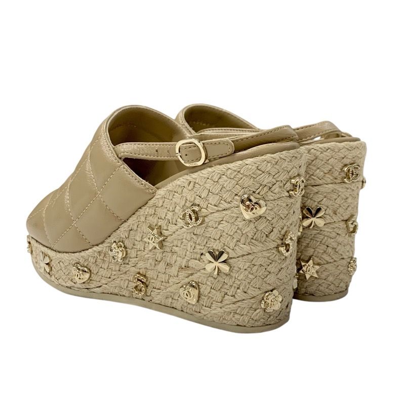 Chanel Sandals Shoes Leather Beige Gold Strap Chocolate Bar Coco Mark Icon