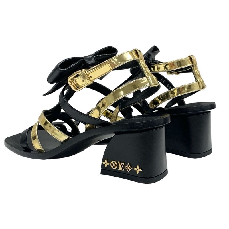Louis Vuitton Peplum Line Monogram Sandals Shoes Patent Leather Black Gold