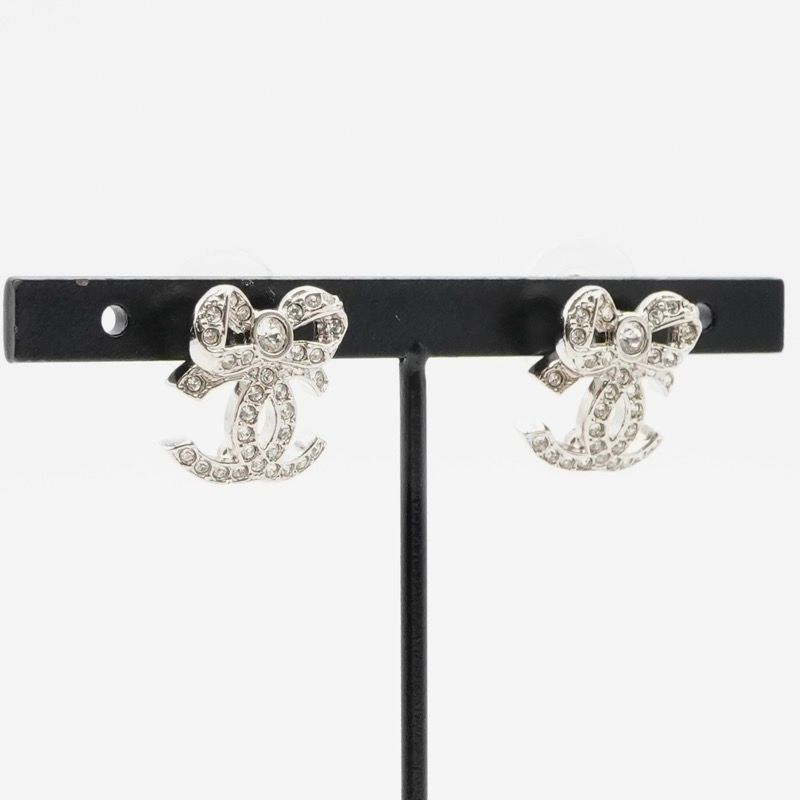 Chanel Earrings Earring Silver Coco Mark Ribbon Rhinestone
