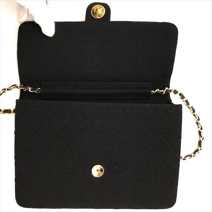 Chanel CC Logo Cotton Jersey Quilted Chain Shoulder Bag Black