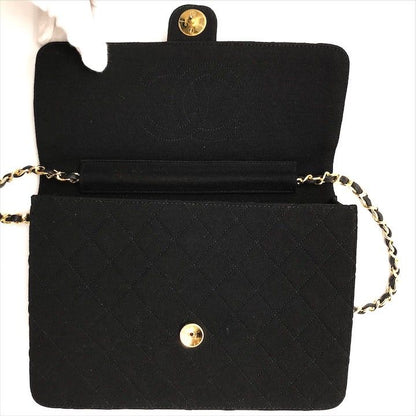 Chanel CC Logo Cotton Jersey Quilted Chain Shoulder Bag Black