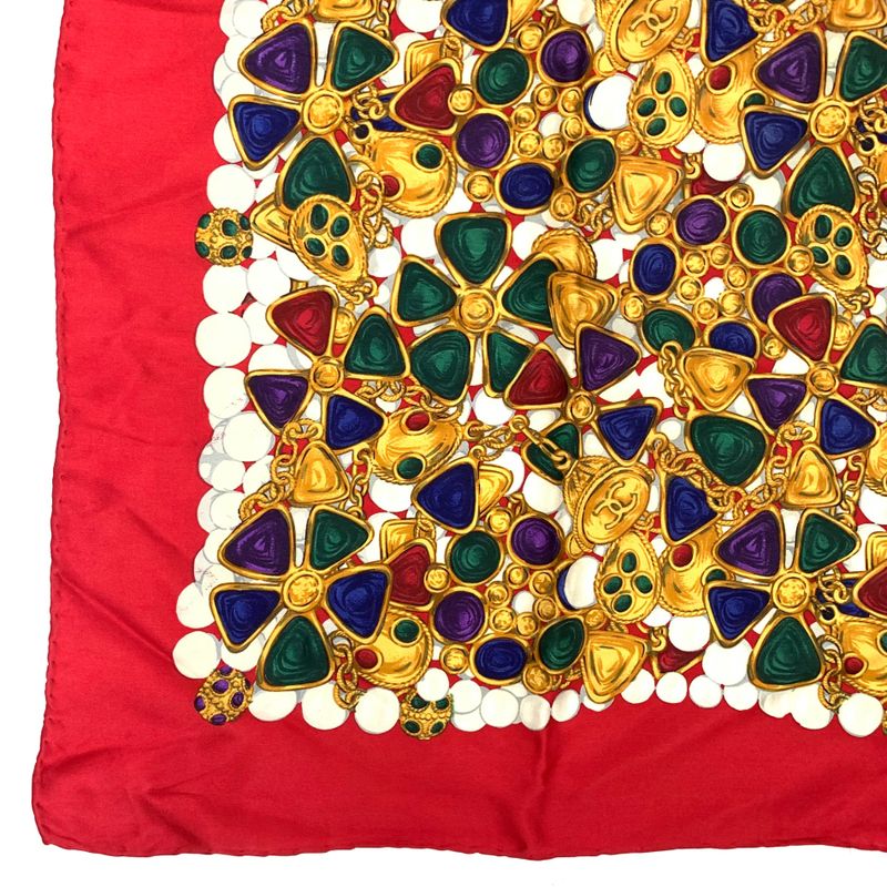 Chanel Silk Scarf Large Size Coco Mark Gripoa Jewelry Pattern Red And Multicolor