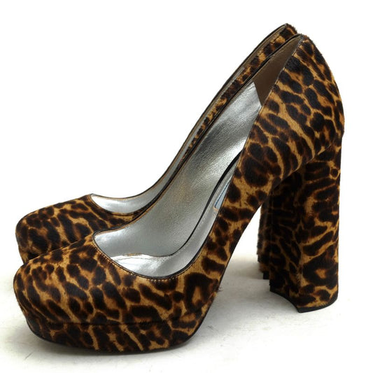 Prada Pumps Shoes Women Leather Dark Brown 8751 Leopard Chunky Heel High Heel