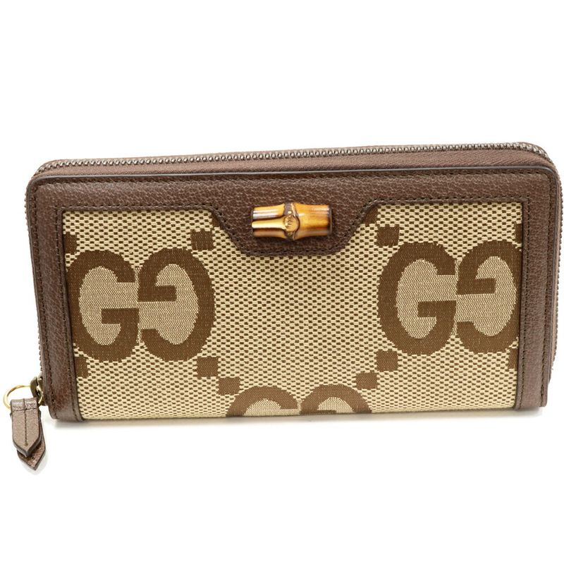 Gucci Round Zipper Long Wallet With Coin Purse Diana Bamboo Jumbo GG Long