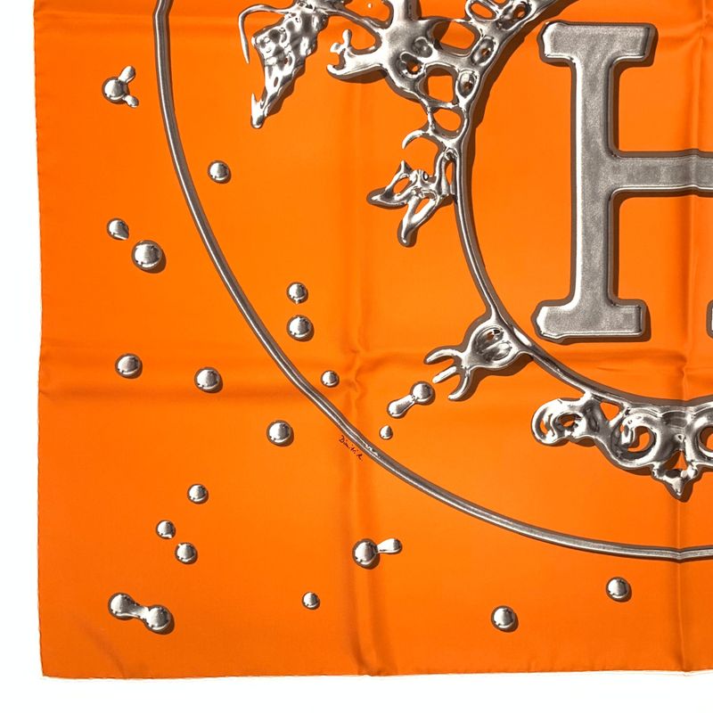 Hermes Carre 90 VIF Argent Silver Drops Orange Silk Scarf With Box