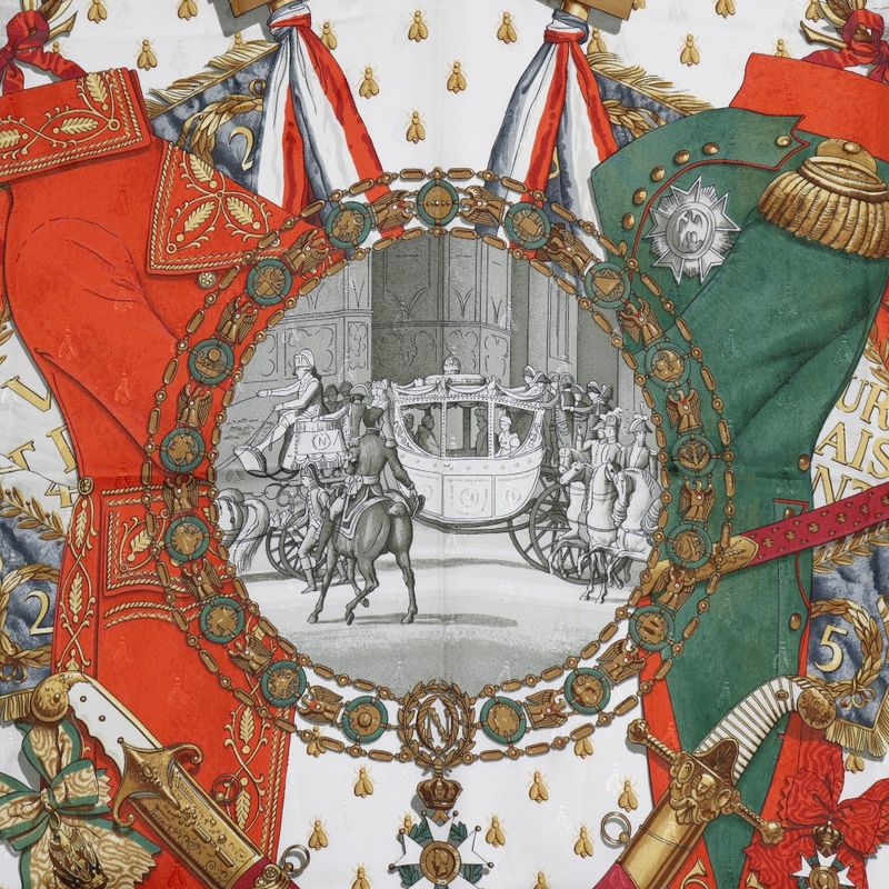 Hermes Carré 90 Napoleon Silk White/orange Women's Scarf