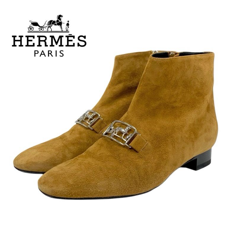 Hermes Boots Short Boots Shoes Suede Brown Silver Hose