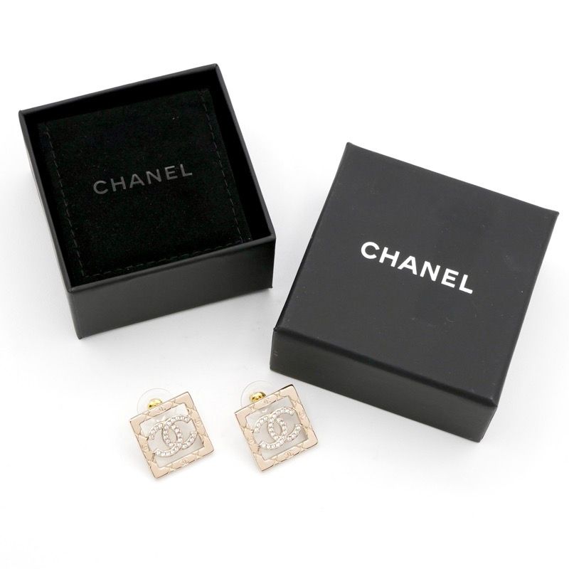 Chanel Earrings Earring Gold Coco Mark Rhinestone Square