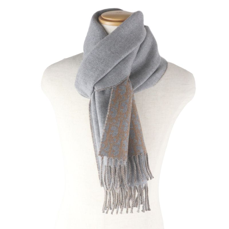DIOR Homme Wool Cashmere Oblique Pattern Reversible Fringe Scarf Shawl Gray
