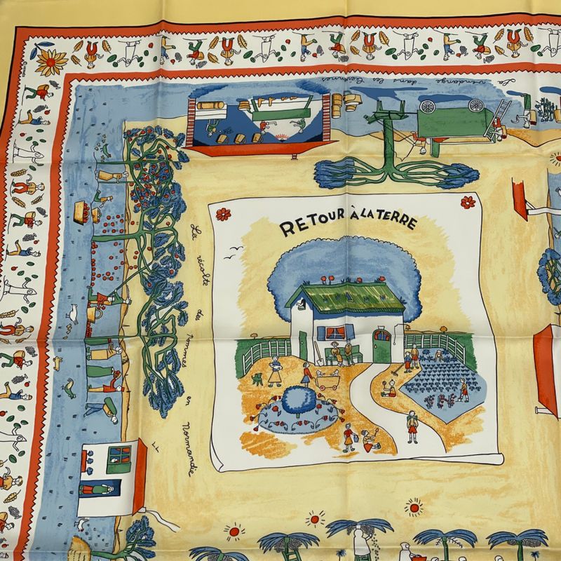 Hermes Carre 90 RE TOUR A LA Terre Back Home 100% Silk Scarf Yellow