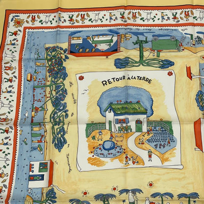 Hermes Carre 90 RE TOUR A LA Terre Back Home 100% Silk Scarf Yellow