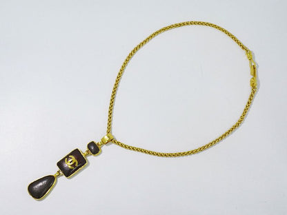Authentic Chanel Coco Mark Necklace Pendant GP Gold Plated Brown Coco Mark
